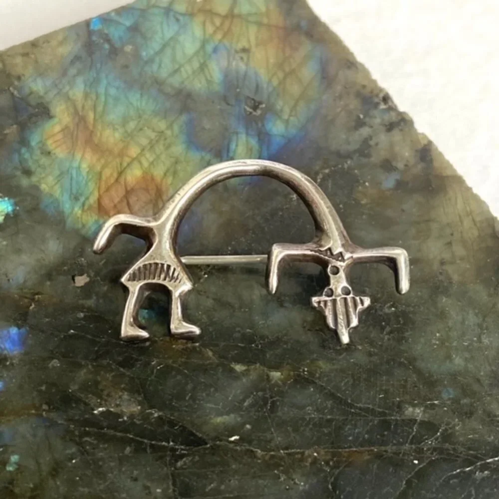 Vintage Sterling Silver 925 Southwest Yei Kachina Figural Stampwork Brooch Deity